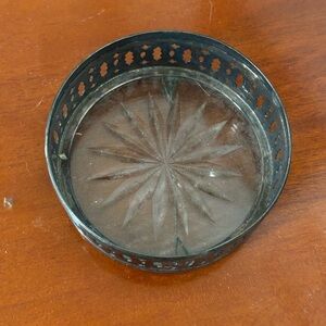 Vintage Silver Plate Wine Bottle Coaster with Cut Glass Base